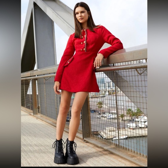 Shein Red Tweed Dress with Gold Buttons - Picture 1 of 11